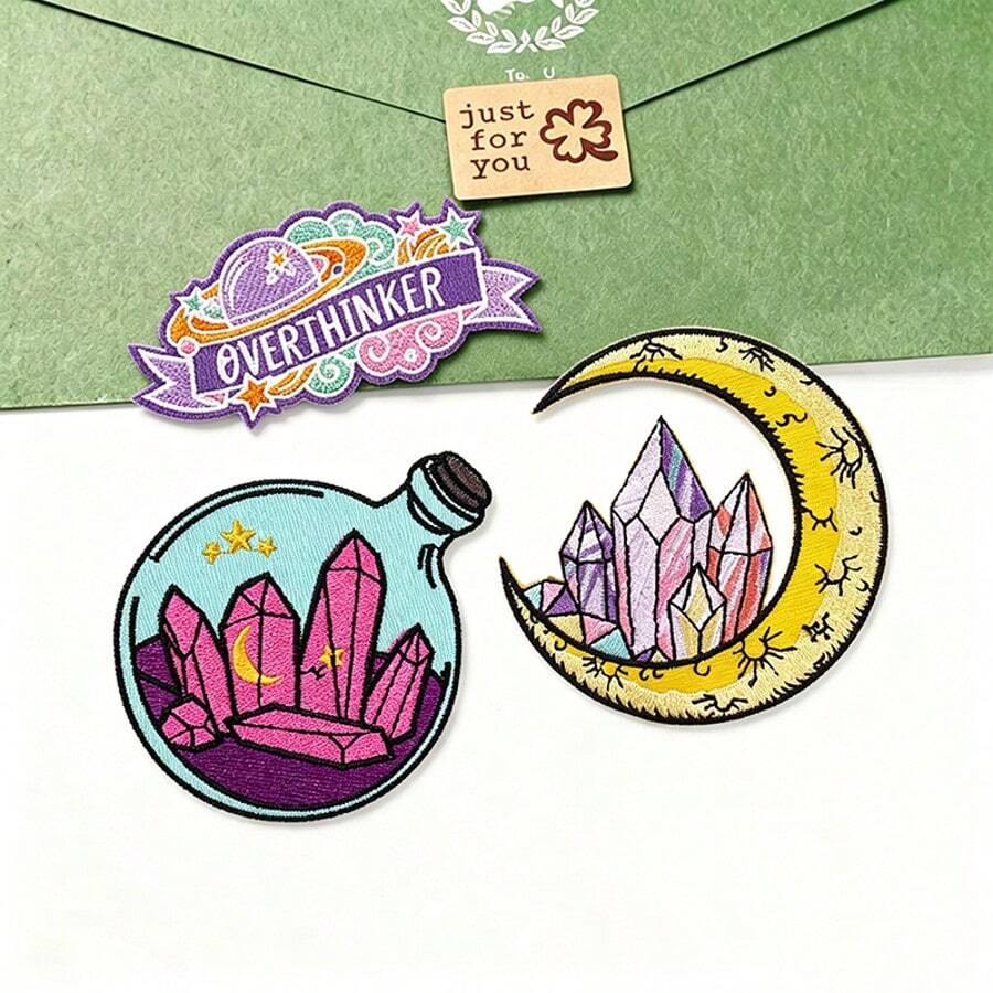 3 Pcs/Set Mystical Crystal & Moon Iron On Patches, Cartoon Embroidered Appliques For Jeans Jackets Backpacks DIY Decoration - Multicolor - View 1