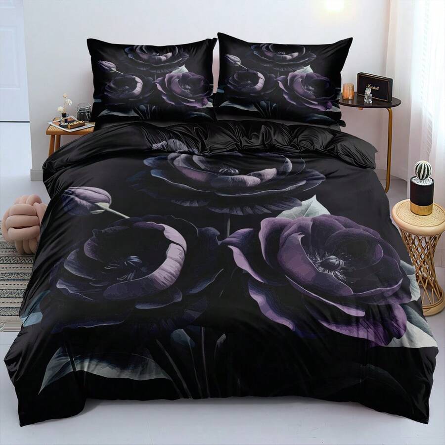 2/3pcs 3D Print Dark Purple Large Bloom Flower Duvet Cover Set Gothic Floral Black Background Bedding Set Moody Dark Romance Comforter Cover Set(Only 1 Pillowcase Included, Size 135x200cm) - Multicolor - View 1
