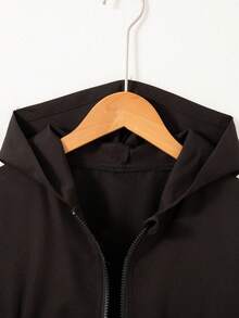 Chaqueta con capucha con cremallera informal para niñas, diseño de cintura, unicolor, primavera/otoño - Negro - Ver 3