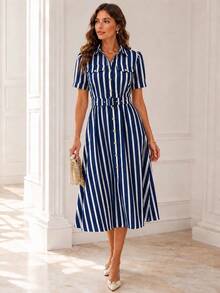 Women's Midi Shirt Dress With Front Buttons And Belt - Elegant Wedding Casual Fashion - 藏蓝色 - 查看 3