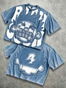 Manfinity Roghcode Men's Oversized Distressed Funny Diamond Teeth Tattoo Big Face Allover Print Cropped Loose 230g Washed T-Shirt (High Quality) - Biru Pudar - View 16