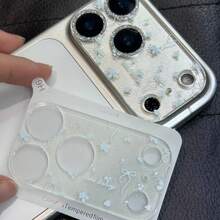防爆防摔小眾裝飾時尚淺藍色蝴蝶結亮銀韓風高端花卉，適用 Apple 17PRO/17PROMAX 全覆蓋底座防刮鏡頭保護膜，極簡主義保護膜，必備禮物，極簡淺藍色蝴蝶結時尚 - 閃銀蝴蝶結花朵 - 查看 5