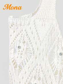 Boho Hollow Knit Tote Bag With Rhinestone Shiny Decor Women Summer Beach Shoulder Bag For Vacation Party Dating Shopping Cruise Travel - Beige - View 9