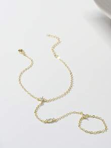 1pc Stainless Steel Knuckle Bracelet, Minimalist Versatile Pearl Beaded Finger Chain Hand Jewelry (Random Bead Quantity) - Gold - View 8