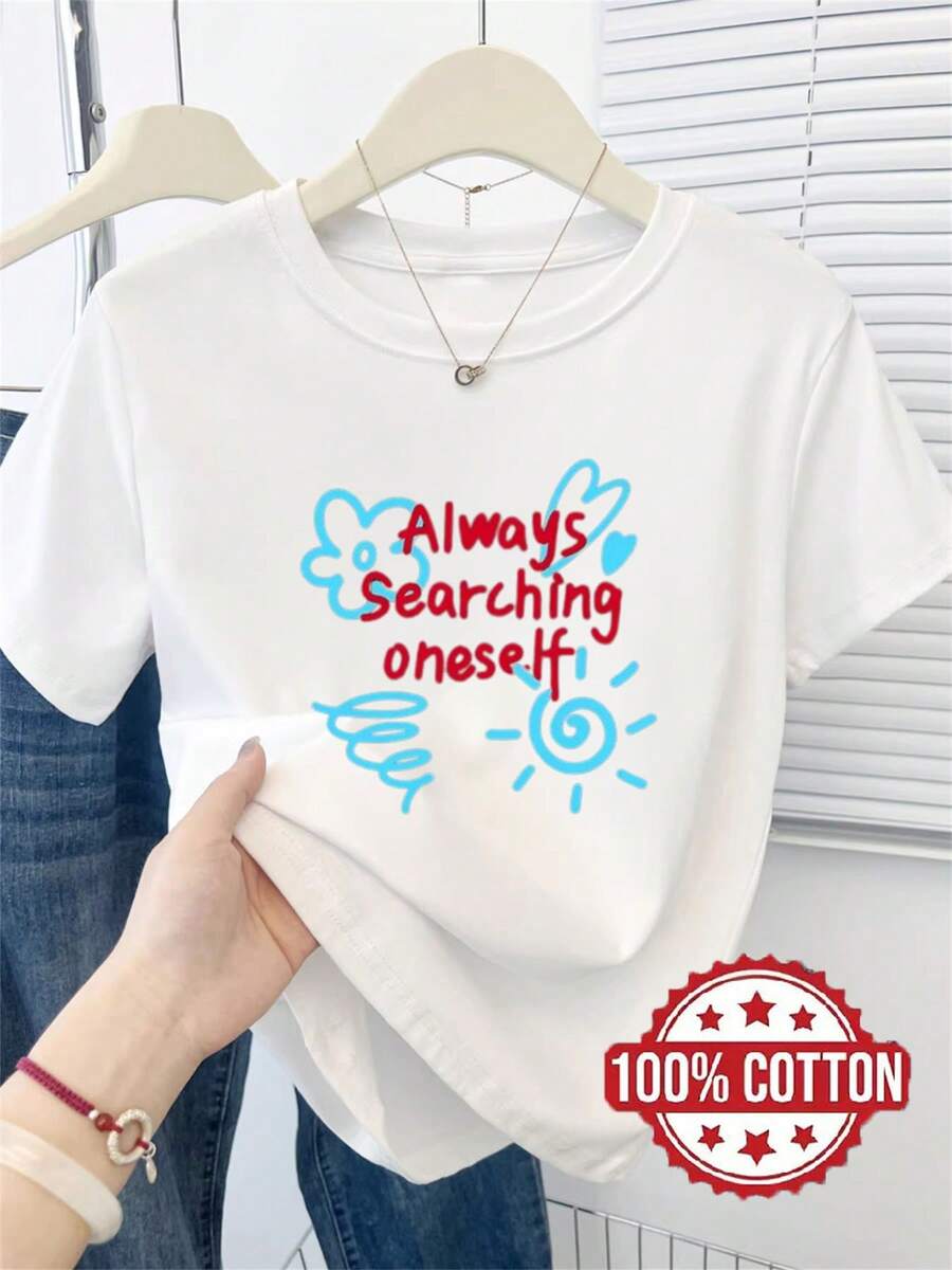 Camiseta TH433 Nueva Camiseta para Mujer, Diseño con la Frase "Always Seeking Self", Camiseta Estampada Casual y a la Moda, 100% Cuello Redondo y Manga Corta, Absorbente de Sudor y Transpira
