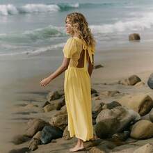 Summer French Retro Lace Patchwork Backless Lace-Up Long Dress With V-Neck And Irregular Hem, Slimming Dress. Breathable And Comfortable - Yellow - View 3