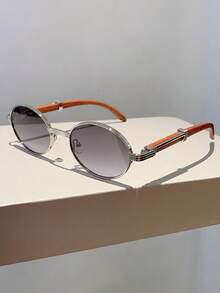 New Oval Retro Fashion Glasses, Wooden Grain Temples Design, Suitable For Summer Beach, Outdoor Activities And Travel - c4 銀框漸層灰 - 查看 4