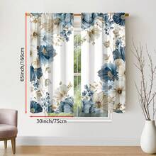 2pcs Elegant Floral Pattern White, Blue And Green 2D Flat Print Curtains. Rod Pocket Design, Semi-Transparent Polyester Curtains Suitable For Decorating Your Living Room, Bedroom, Office Or Kitchen - Multicolor - View 12