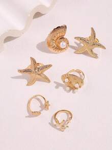 6pcs Bohemian Vintage Fashion Unique Personalized Exaggerated Pearl Shell Starfish Women's Ring Set, Suitable For Summer Commute, Beach Vacation, Women's Jewelry - Multicolor - View 7