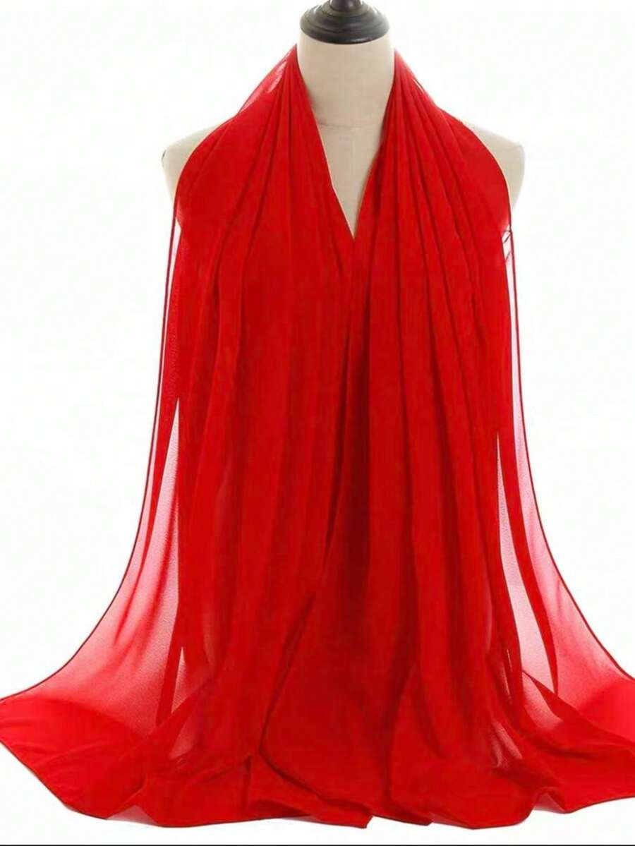 1pc Spring/Summer Casual Versatile Modest Minimalist Solid Color Soft Breathable Chiffon Scarf - Red - View 1