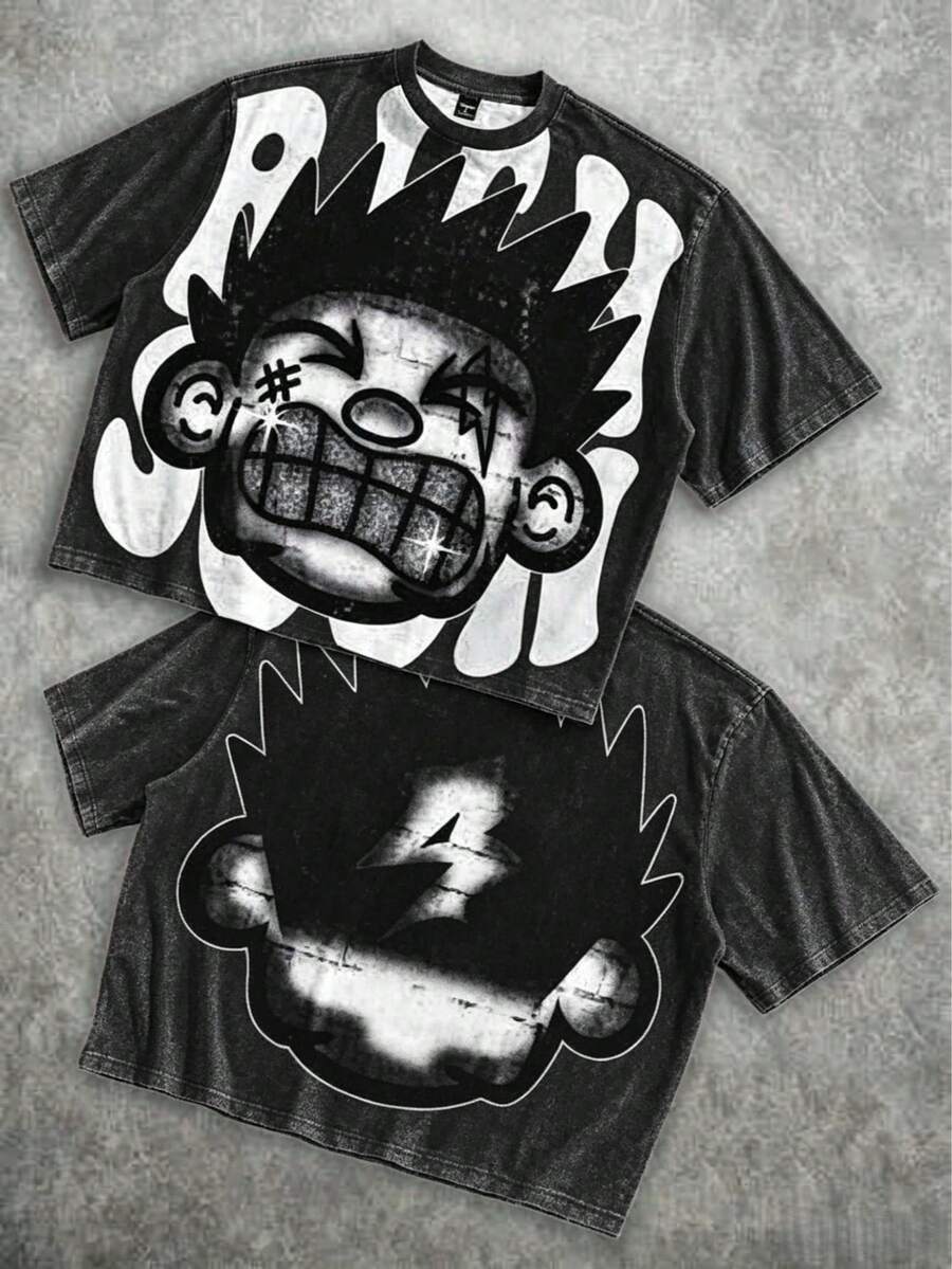 Manfinity Roghcode Men's Oversized Distressed Funny Diamond Teeth Tattoo Big Face Allover Print Cropped Loose T-Shirt (High Quality) - Washed Black 1 - View 1