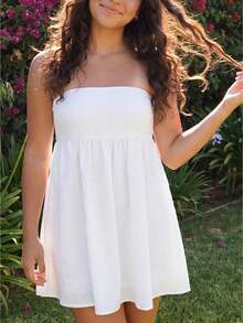 Women Tube Dress Solid Color A-Line Dress Strapless Dress Summer Backless Mini Dress - 白色 - 查看 1