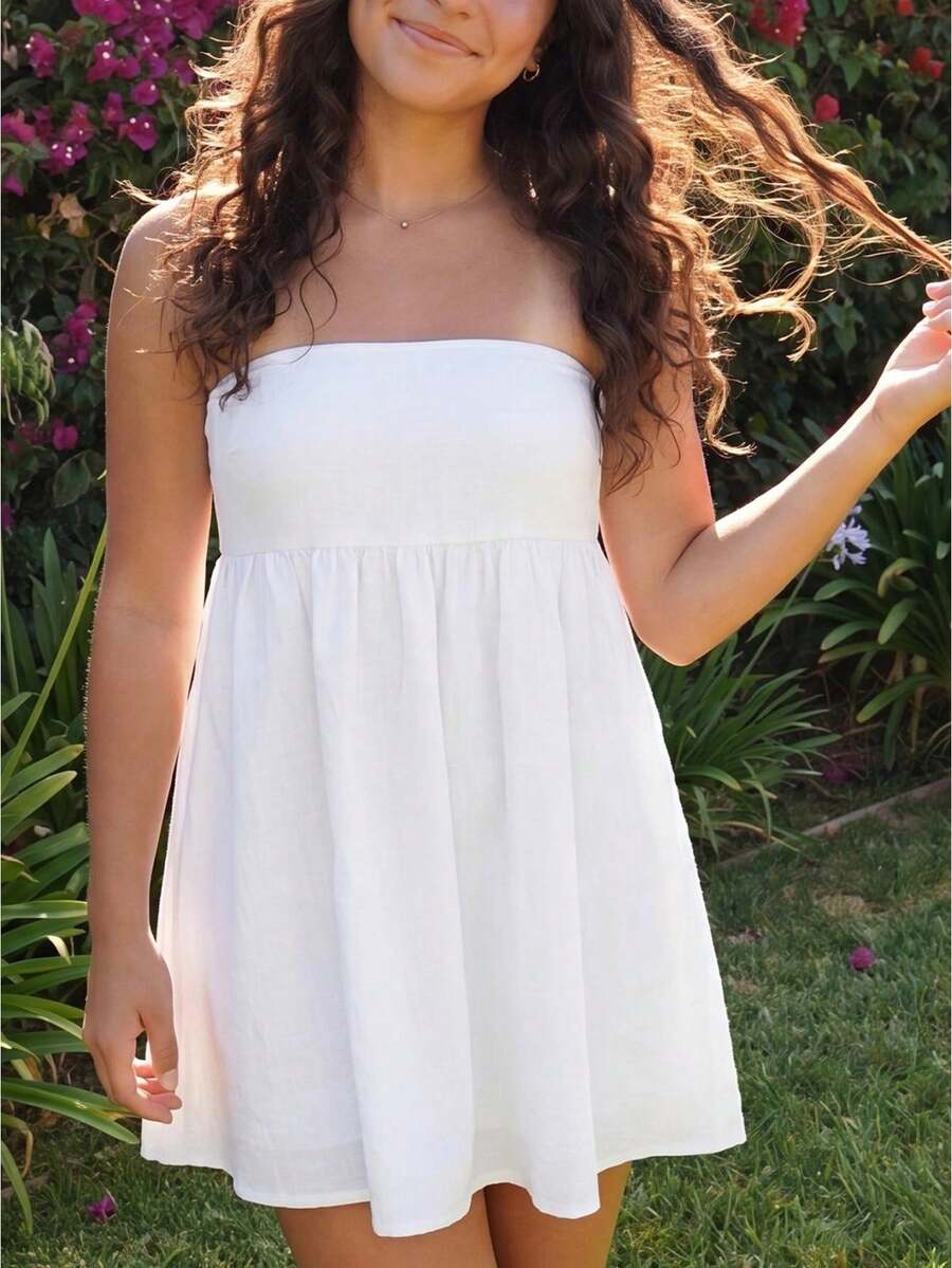 Women Tube Dress Solid Color A-Line Dress Strapless Dress Summer Backless Mini Dress - 白色 - 查看 1