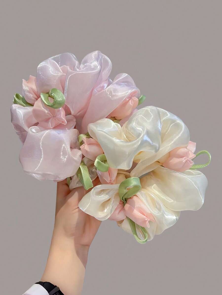 1件女孩歐根紗鬱金香花朵髮圈,半透明荷葉邊蝴蝶結彈性髮帶,甜美日常小女孩髮飾 - 彩色 - 查看 1