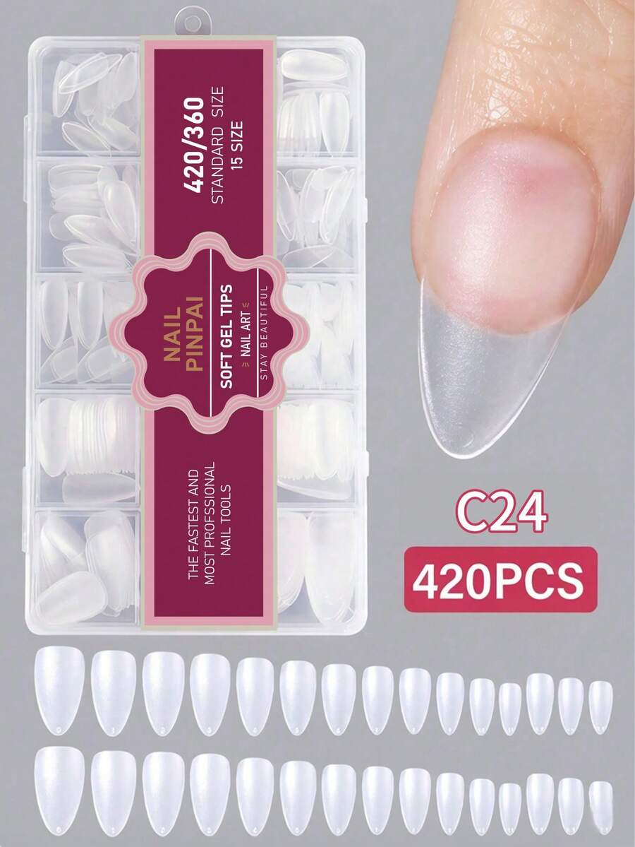 1pc/Box PINPAI 420pcs Hot-Selling Transparent Matte Square Almond Full Coverage Soft Gel Nail Tips, 12 Sizes, Nail Art Supplies, Press-On Nails - Clear - View 1