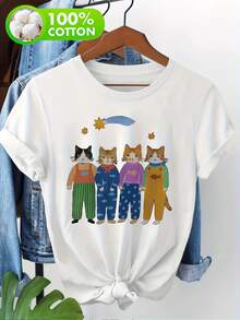 Damen 100% Freizeit T-Shirt, Niedlicher Katzen-Druck mit bunten Kleidern, Kurzarm Rundhals Oberteil für Katzenliebhaber und gemütlichen Stil2026 - Schwarz - Übersicht 6