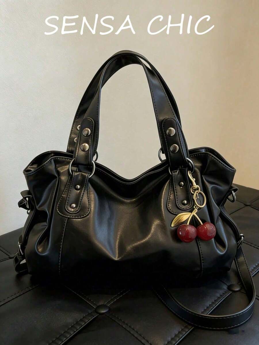 Este es un bolso de hombro versátil y de moda, un bolso de hombro/bolso de mano vintage de material de PU de gran capacidad y de un solo color, multifuncional para el transporte, con cierre - Negro 3 - Ver 1