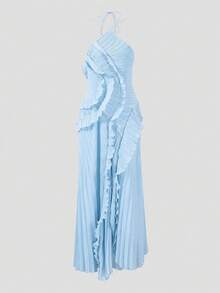 Women's Blue Lightweight Halter Neck Backless Ruffle Mid-Length A-Line Dress, Sleeveless Polyester, Suitable For Party, Night Out, Date, Beach, Summer - Baby Blue - View 6