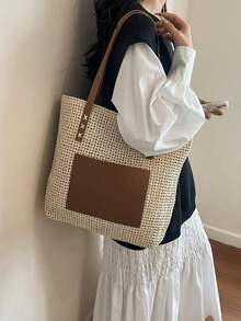 夏季草編海灘包 大容量手提包 度假風簡約百搭女包 - 米色 - 查看 3