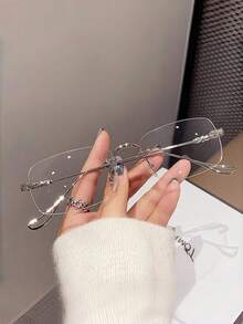 1 Pair Men's Silver Rimless Metal Thin Temple Transparent High-End Plain Glass Glasses - Clear - View 3