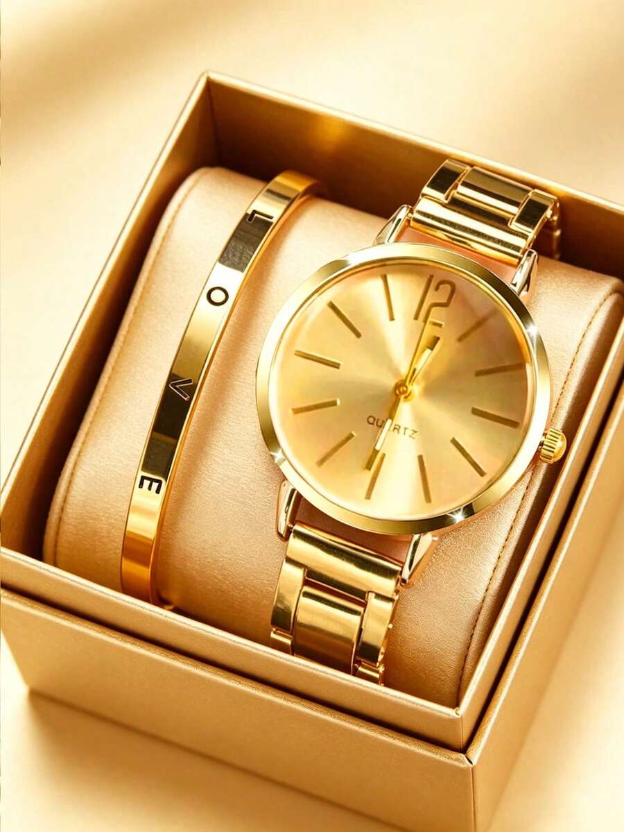 2 PIEZAS/1 PIEZA Opcional Conjunto de Reloj Minimalista Dorado para Mujer, Reloj de Pulsera con Esfera Dorada y Correa de Acero Combinado con Pulsera a Juego con Letra LOVE, Lujo Ligero Elegante, Suave & Exquisito, Regalo Perfecto para Novia, Mejor Amiga, Temporada de Graduación, Adecuado para Viajes al Trabajo y Ocasiones de Citas, Mostrando Elegancia Intelectual & Sofisticada. Caja de Regalo No Incluida - Dorado - Ver 1