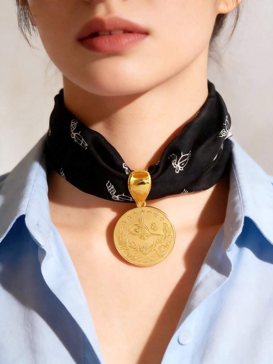 Herseygold 1件鍍金阿拉伯硬幣圖騰圍巾扣,情侶圍巾扣,土耳其庫德流行配件,中東時尚女款圍巾吊飾 - 金色 - 查看 1
