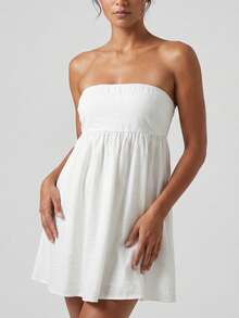 Women Tube Dress Solid Color A-Line Dress Strapless Dress Summer Backless Mini Dress - 白色 - 查看 4
