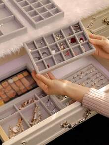 9-Piece Gray Velvet Jewelry Storage Tray Set, Stackable Multi-Compartment Jewelry Organizer Box, Ring, Earring, Necklace, Bracelet, Brooch, Watch Sorting Storage Display Tray, Drawer-Style Jewelry Storage Box, Suitable For Bedroom Vanity, Closet, Drawer And Jewelry Store Display, Home Storage Supplies, Christmas, New Year, Graduation, Mother's Day Gift - Multicolor - View 11