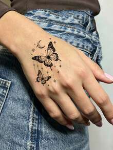 30pcs Butterfly Temporary Tattoos For Women, Flower, Moon, Stars, Heart Tattoo Stickers Waterproof Fake Tattoo For Hand Body Makeup, Disposable Hand Tattoo - 黑色 - 查看 4