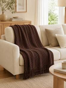 1pc Solid Color Knitted Blanket, Nordic Style Tassel Design Soft Blanket, Office Nap Blanket, Bed Cover, Sofa Throw, Suitable For Daily Use - Twisted Towel Coffee - View 5