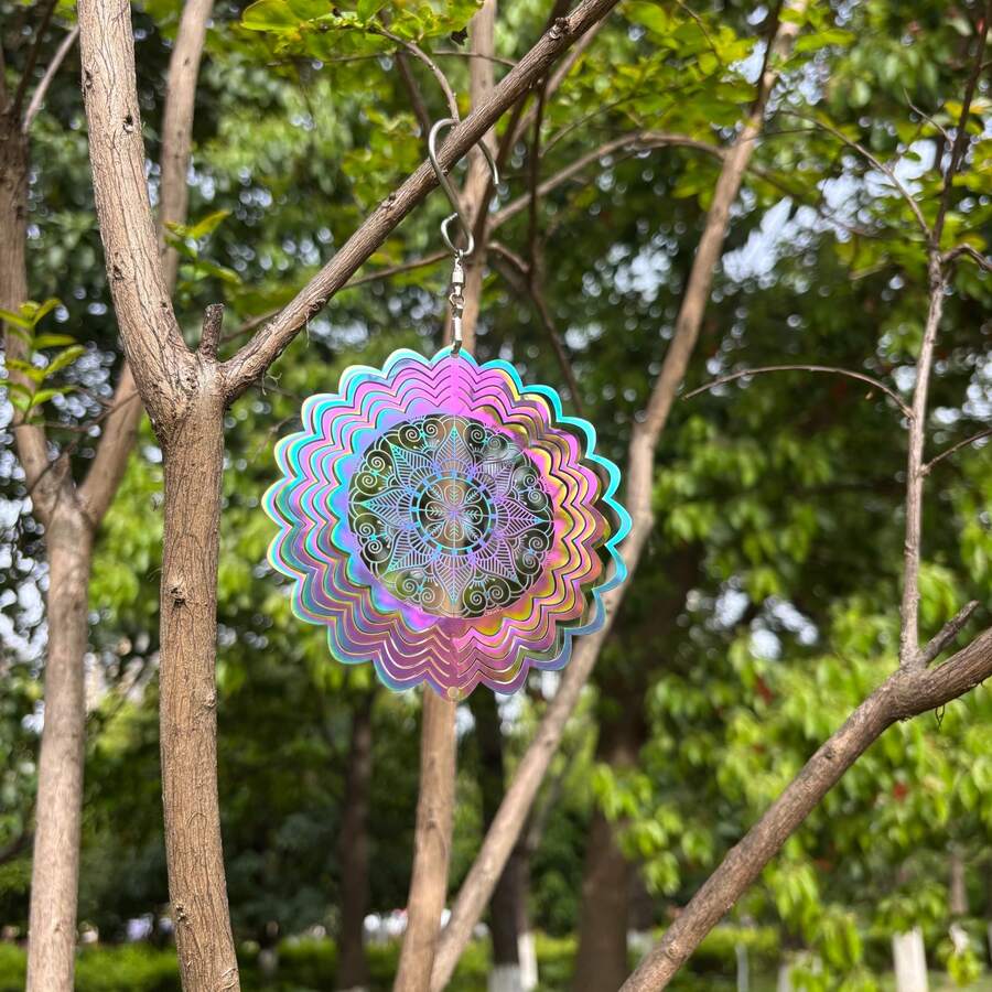 Nordic Style Mandala Wind Chime, Wind Spinner, 3D Rotating Wind Chime, Ultra-Bright Reflective Bird Repeller, Battery-Free, Outdoor Garden Decoration, Fluid Visual Effect, Suitable For Balcony, Outdoor Garden Yard Hanging Decoration, Perfect Choice For Holiday Gift - Colorful Mandala Pattern - View 1