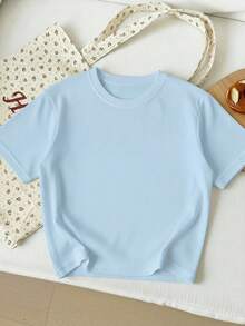 Top casual de verano para niñas con manga corta, estampado de conejo de dibujos animados, rayas de colores, estilo preppy minimalista y lindo - Azul - Ver 3