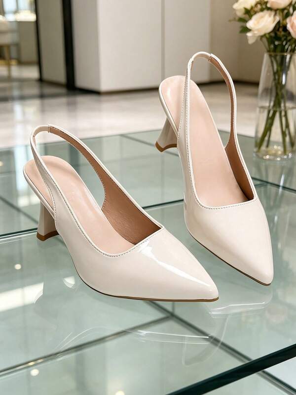 2026 New Classic Girl's Pointed Toe Slingback High Heel Pumps, Shiny Patent Leather Elegant Shoes, Fashionable Comfortable High Heels For Teen Girls, Suitable For Campus Daily, Dance Performance, Date, Party, Commute Office, Spring Summer Autumn Multi-Season Wear