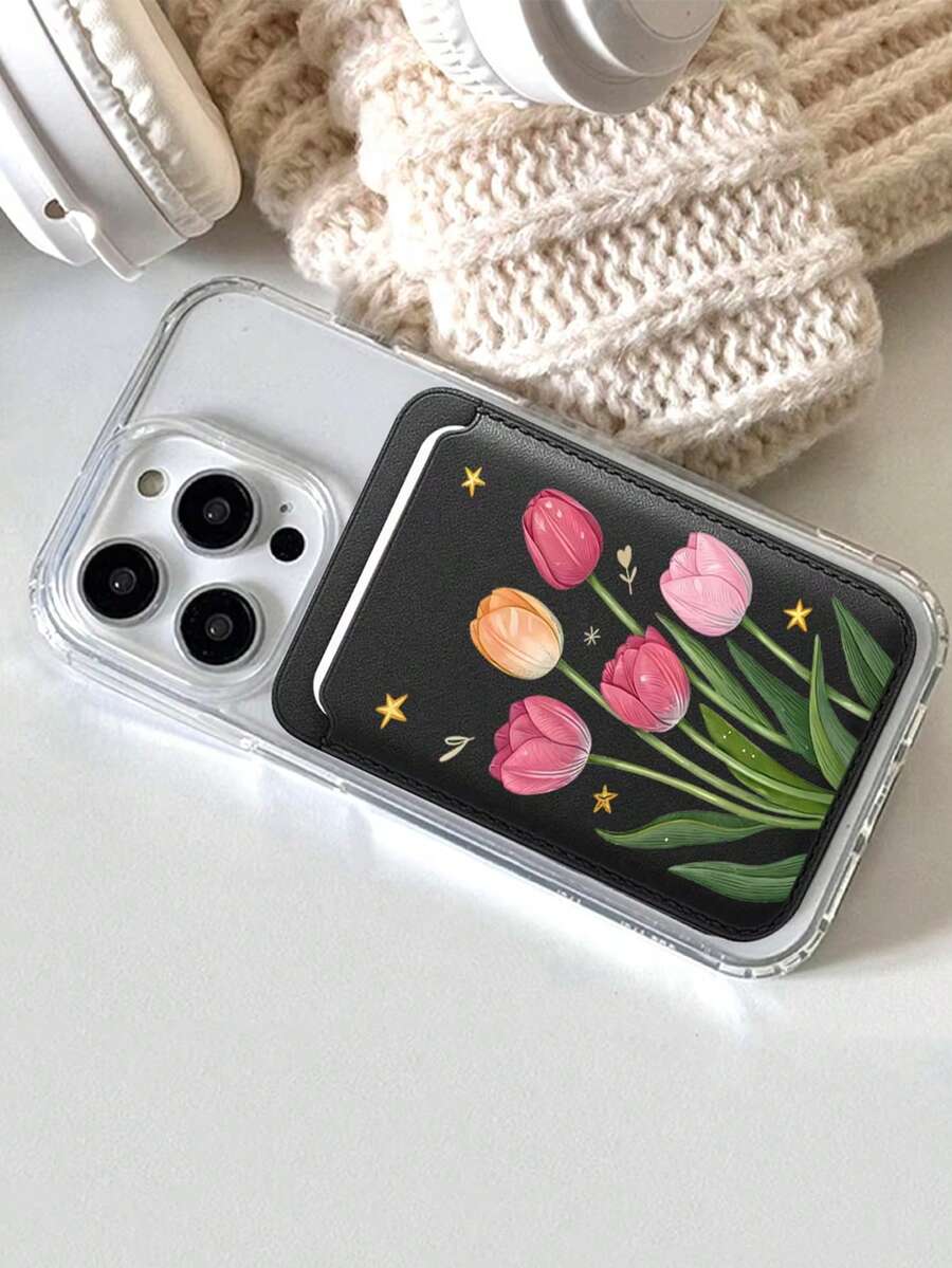 鬱金香花紋皮革卡片錢包手機卡夾磁吸保護殼 適用於所有 Apple 12 13 14 15 16 17 Magsafe 卡片手機背袋 - 彩色 - 查看 1