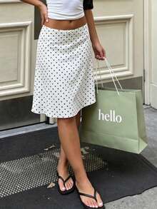 French Polka Dot A-Line Skirt, High Waist Slimming White Dotted Skirt, Casual Draping Skirt For Summer, French Retro Commuter Casual Skirt, French Girl Style - White - View 4