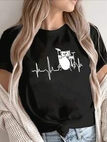 Blusas bonitas Camiseta Mujer Verano Algodón Estampado Latidos Batería Manga Corta Cuello Redondo Uso Diario Musical Blusas para dama casuales - Negro - Ver 1