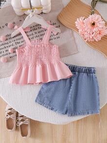 2pcs/Set Young Girl' Sweet Cute 3D Butterfly Suspender Top And Denim Skirt Outfit, Summer - Pink - View 2