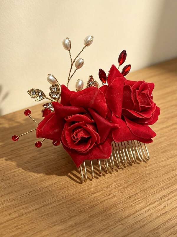 1/2 piezas Accesorios para el cabello de novia, Peine de cabello de novia de rosa roja de lujo, Peine lateral de aleación con adornos de strass y perlas, No daña el cabello, Pasador de cabello para peinado de boda y fiesta de noche, Accesorio para peinado de boda / vestido de brindis / banquete de noche / fotografía, Peine de cabello de aleación