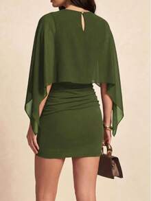 Summer Lightweight Solid Color Batwing Patchwork 2 In 1 Mini Dress For Evening Date, Vacation, Birthday Party, Daily Wear - Army Green - View 4
