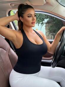 Plus Size Halter Seamless Tank Top, Backless Ribbed Crop Cami For Fall Workout, Gym & Daily Casual Wear - Black - View 7