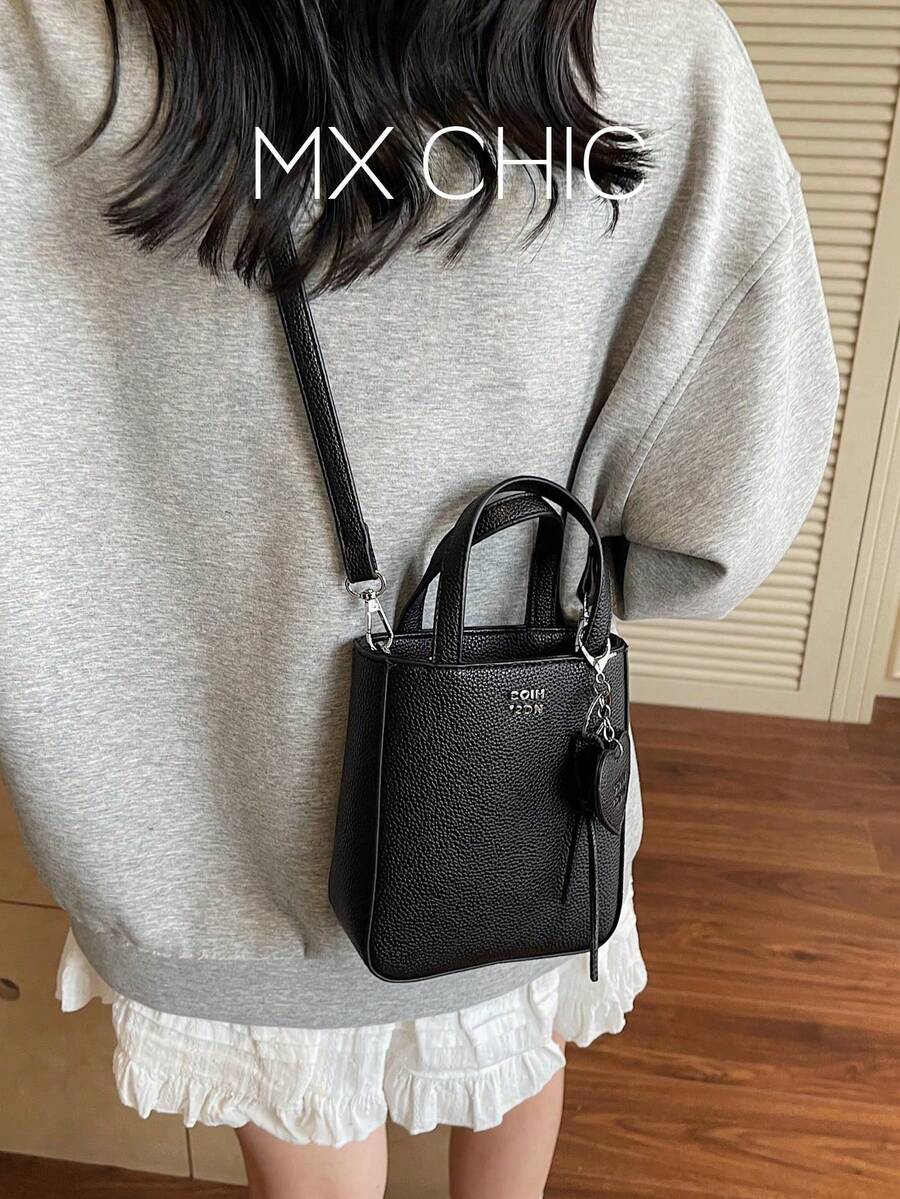 1 件女士纯色 PU 拉链手提包,时尚约会礼物 - 黑色 - 查看 1