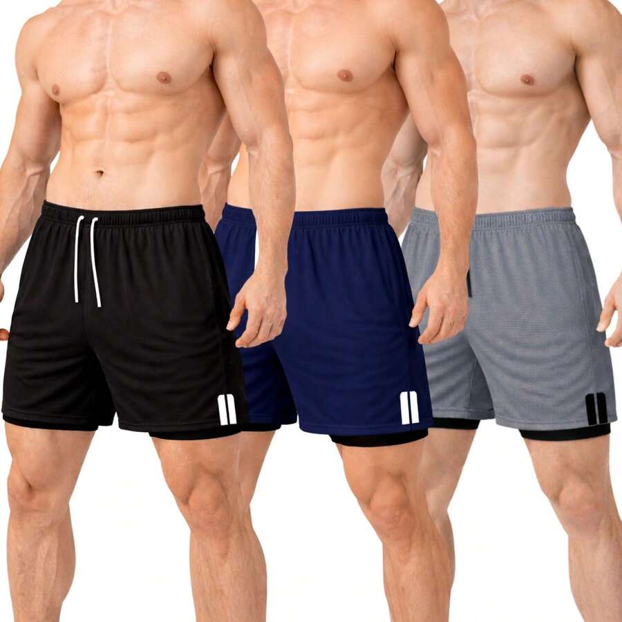 Kit Of 3 Men's Dry Fit 2-In-1 Shorts For Gym And Running With Cell Phone Pocket - GRAY/BLACK/NAVY BLUE - View 1