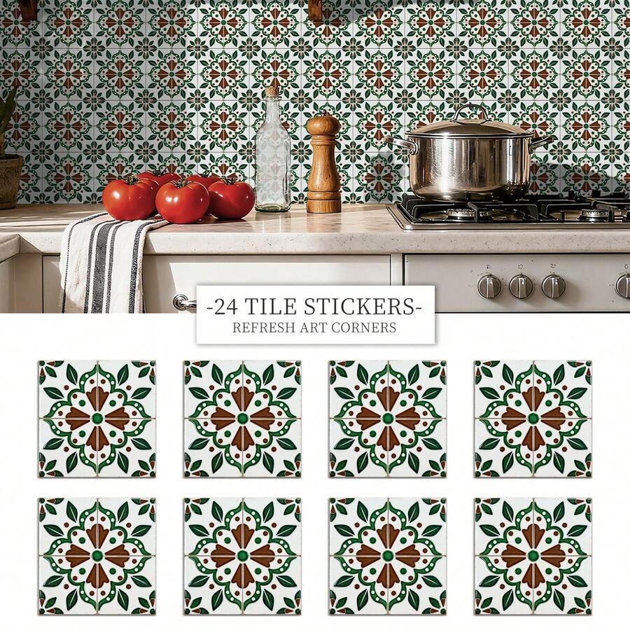 24PCS Peel And Stick PVC Tile Stickers, Different Style Patterns, Waterproof, Oil-Proof, Stain-Resistant, Removable, No Residue, Suitable For Living Room, Kitchen, Bathroom, Toilet, Home Wall Decoration Renovation, DIY, Matte Texture, Size 10/15/20CM
