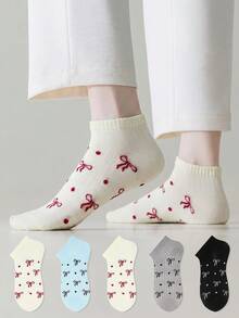 ZUJO 5 Pairs Bowknot Polka Dot Pattern Sweet Short Socks For Women, Soft And Breathable, Suitable For All-Season Daily Wear - Multicolor - View 2