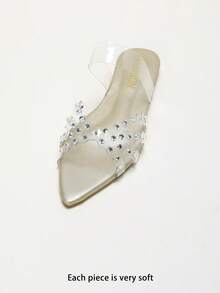 Rhinestone-Embellished Clear Strap Pointed Toe Flat Slide Sandals - Gold - View 7
