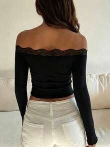 1pc Women's Minimalist Fashion Elegant Shoulder Design Lace Patchwork Slim Fit Stretchy Top, Suitable For Daily Wear, Home, Outings, Dates, Street Style, Sweet Style, Single Party - Black - View 2