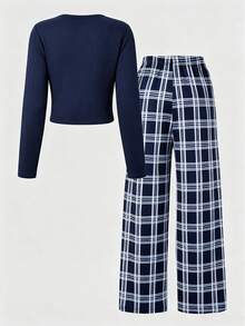 Frühling/Herbst Mädchen Lässig Dunkelblau Rundhals Langarm Top + Karomuster Lange Hose Pyjama 2-teiliges Set, Weicher Stoff, Lässige Hauskleidung - marineblau - Übersicht 3