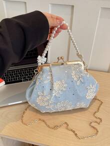 Women's PU Leather Crossbody Bag With Round Polka Dots, Vintage Style Handbag With Buckle Closure And Adjustable Shoulder Strap, Solid Color And Lightweight City Tote Bag - 藍色 - 查看 11