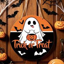 萬聖節 Trick Or Treat 木製圓形門牌，可愛幽靈搭配南瓜與蝙蝠掛飾，橘黑配色恐怖風門前門廊居家萬聖節派對裝飾牌 - A - 查看 1