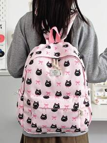 1pc Cute Cartoon Cat/Bow Pattern Nylon Backpack, Lightweight Large Capacity School Day Bag, Adjustable Shoulder Strap Bookbag, Suitable For Girls/Teenagers/Students/Graduates, Perfect For Daily Use, Outings, Travel, School And Back To School Season. - Pink - View 7